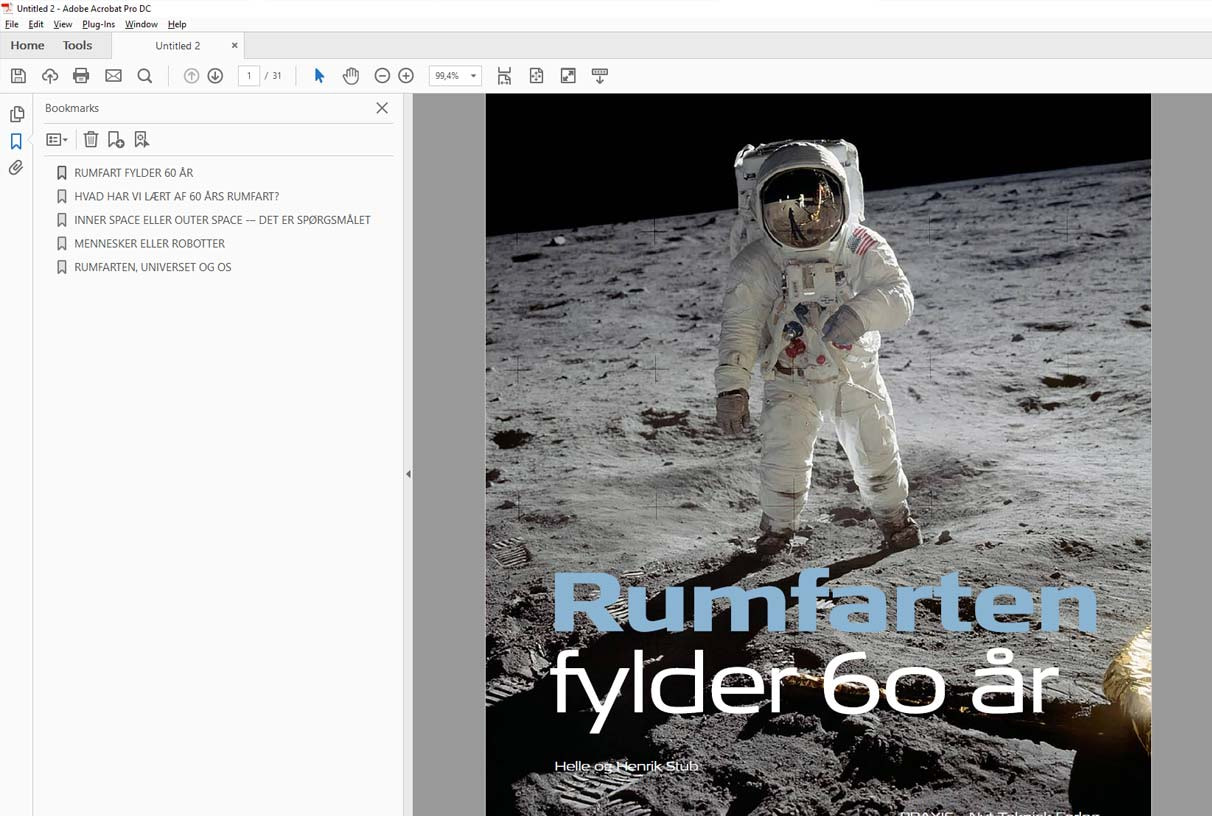 Ebog – rumfart fylder 60 år. Publikation sat i Indesign og nemt generet som e-bog. Skærmbillede af pdf e-bog vist i Adobe Acrobat. Bookmarksmenuen bliver vist til venstre for indholdet.